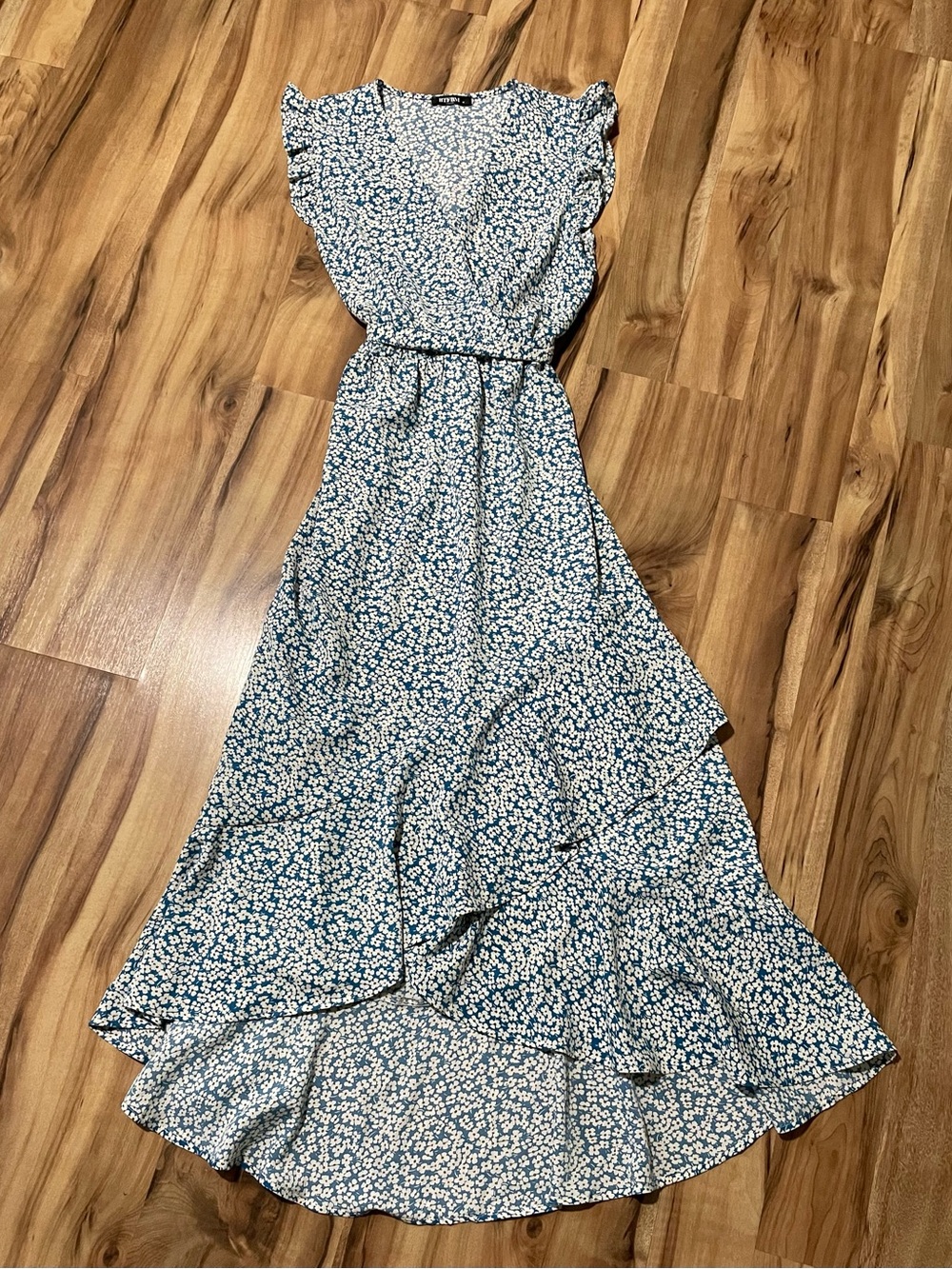 BTFBM Bohemian Floral Print Ruffle Dress Flutter Sleeve Belted Medium